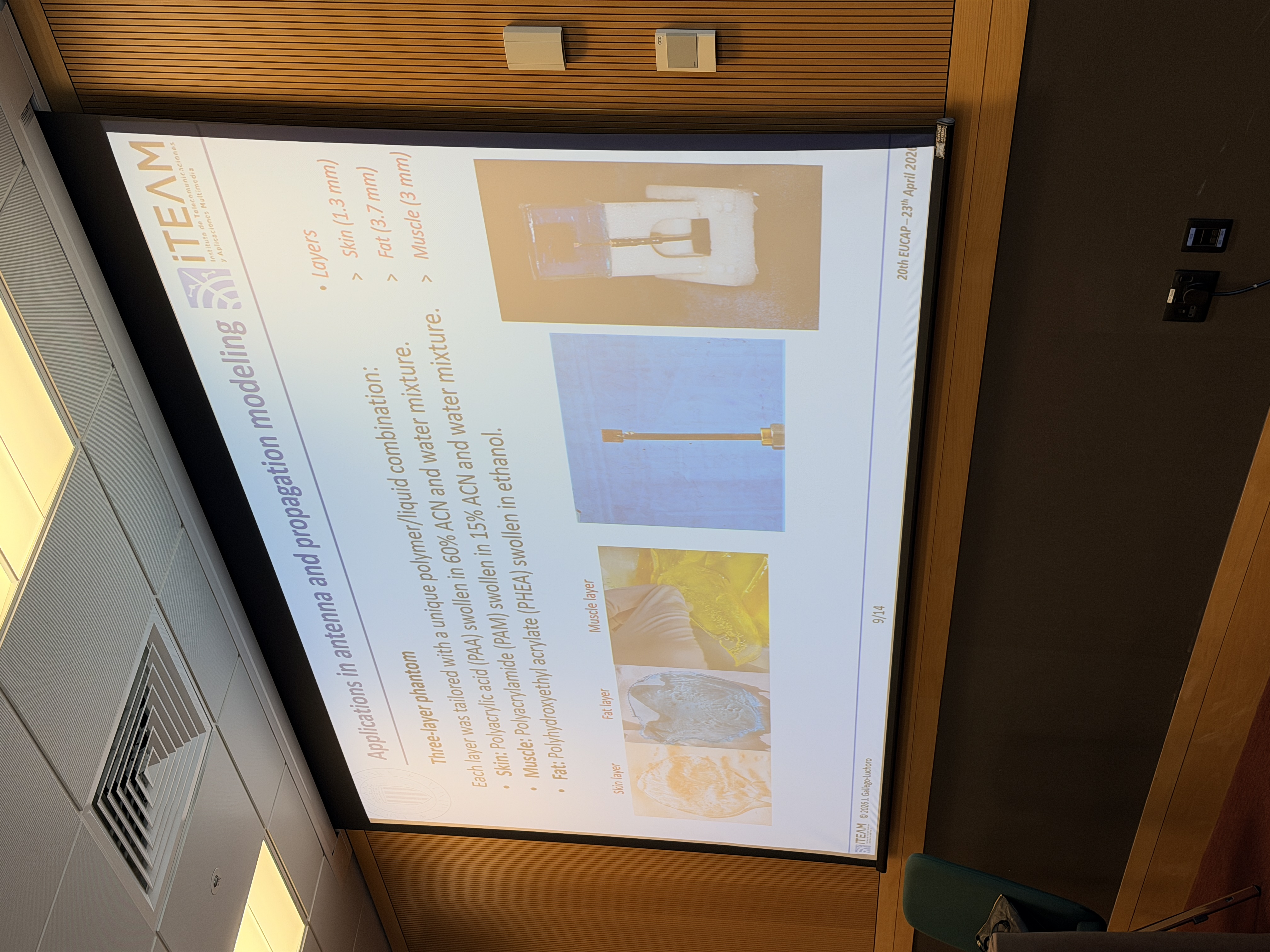 A projected technical slide describing a three-layer phantom for antenna and propagation modelling.